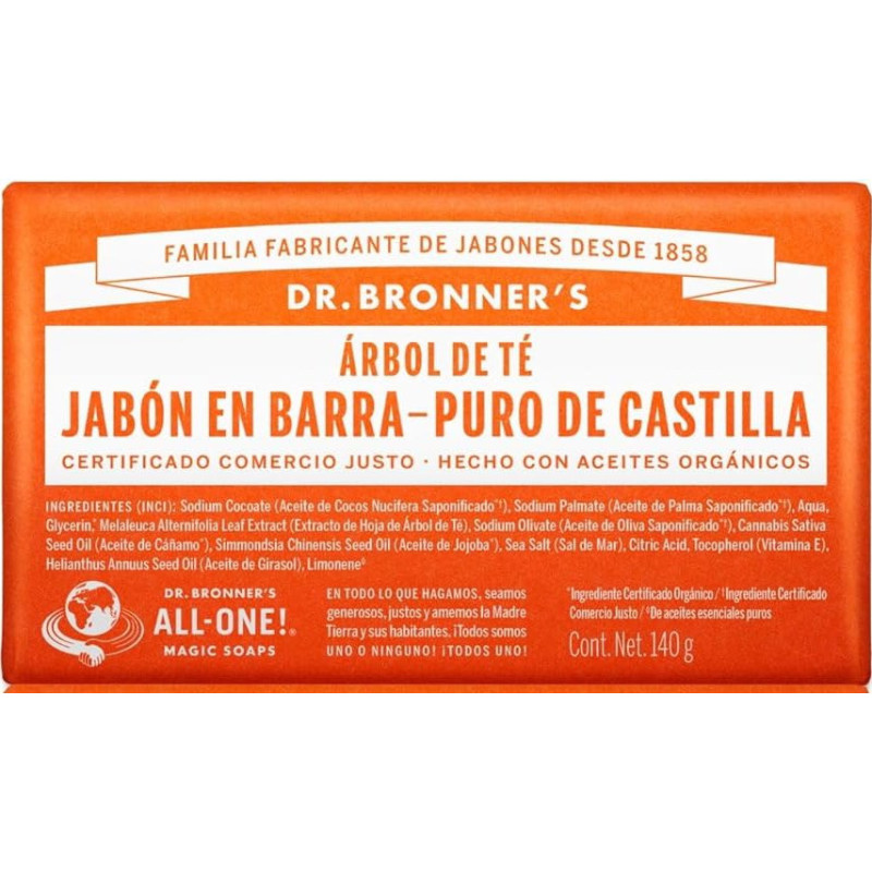 Dr. Bronner’s Jabón puro de castilla en barra aroma Árbol de Té